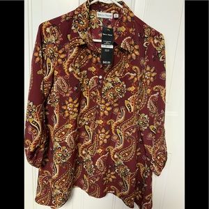 Rebecca Malone Paisley Print Roll Tab Sleeve 3/4 Button front Pullover Sz S